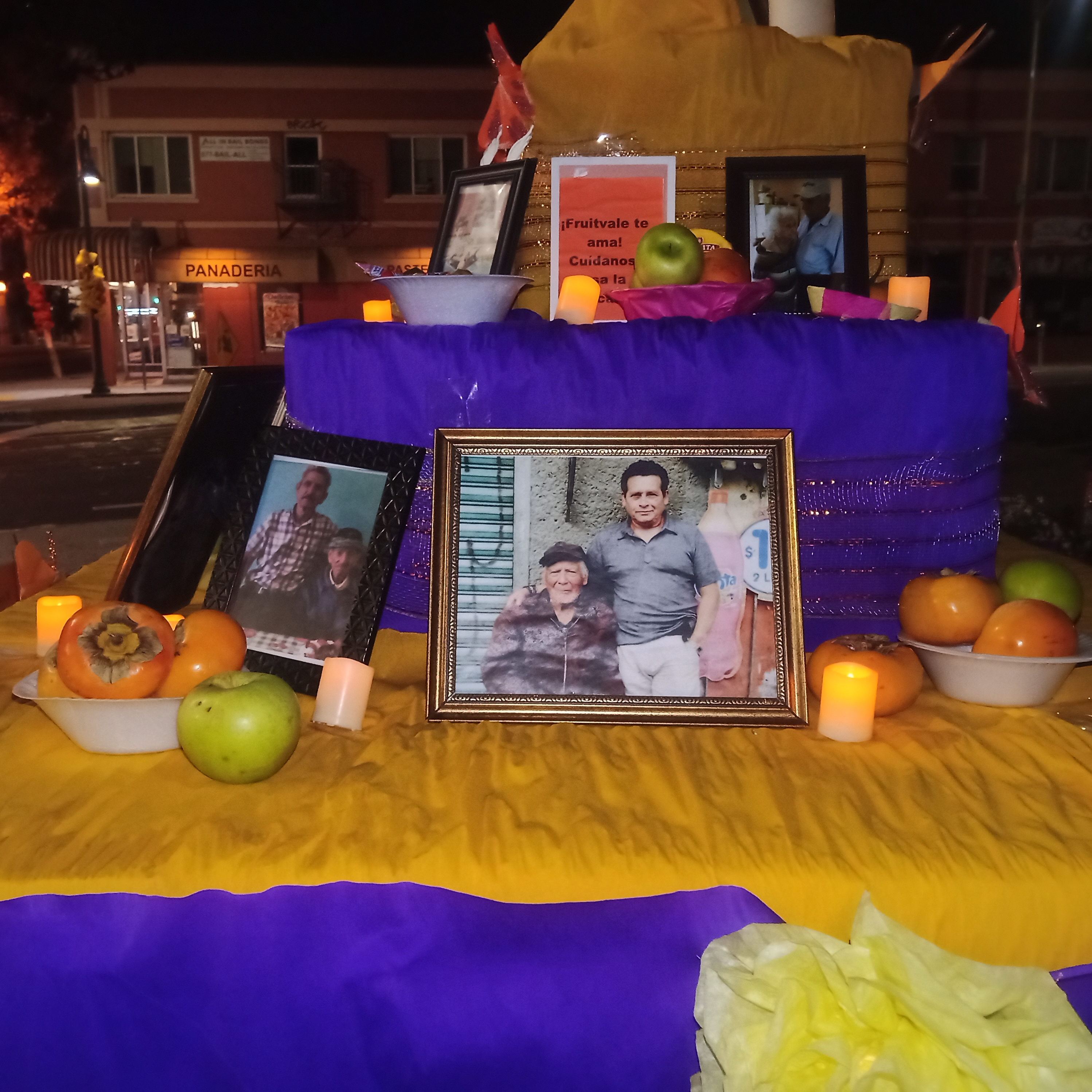 Dia de los Muertos shrine, 35th Ave and International Blvd, night before celebration